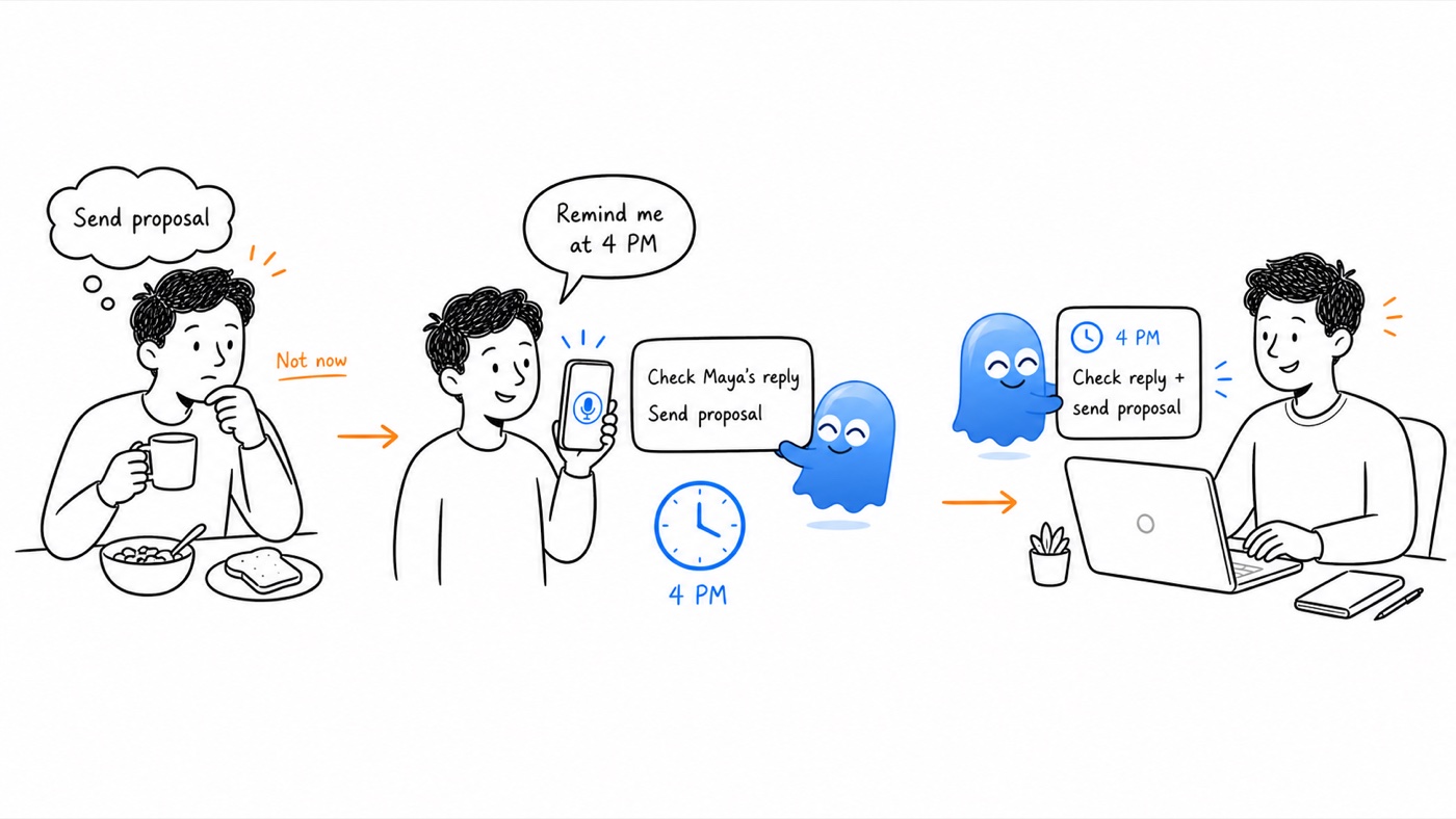 A future task is captured with its useful reminder cue while Boo holds the timing