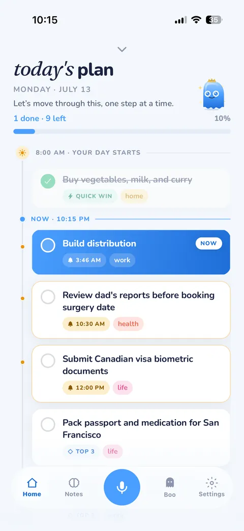 A MyOffload day plan with clear next steps