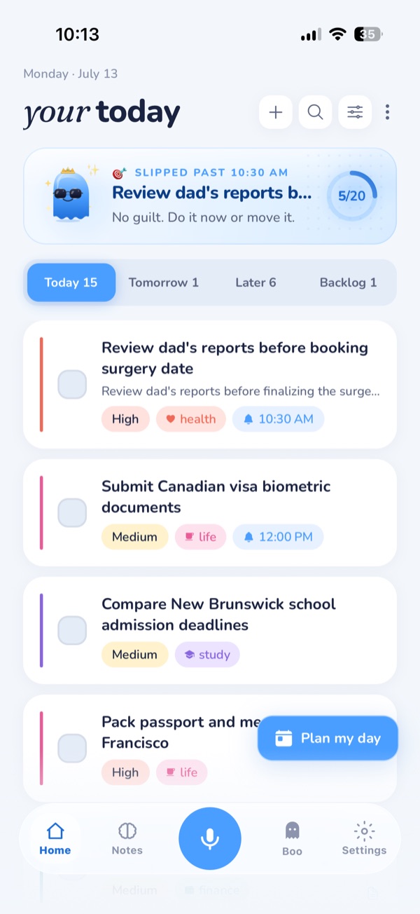 Tasks captured and organized on the MyOffload Today screen