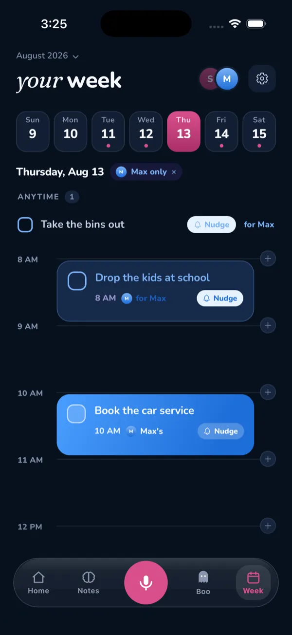 A partner&rsquo;s shared weekly calendar in MyOffload